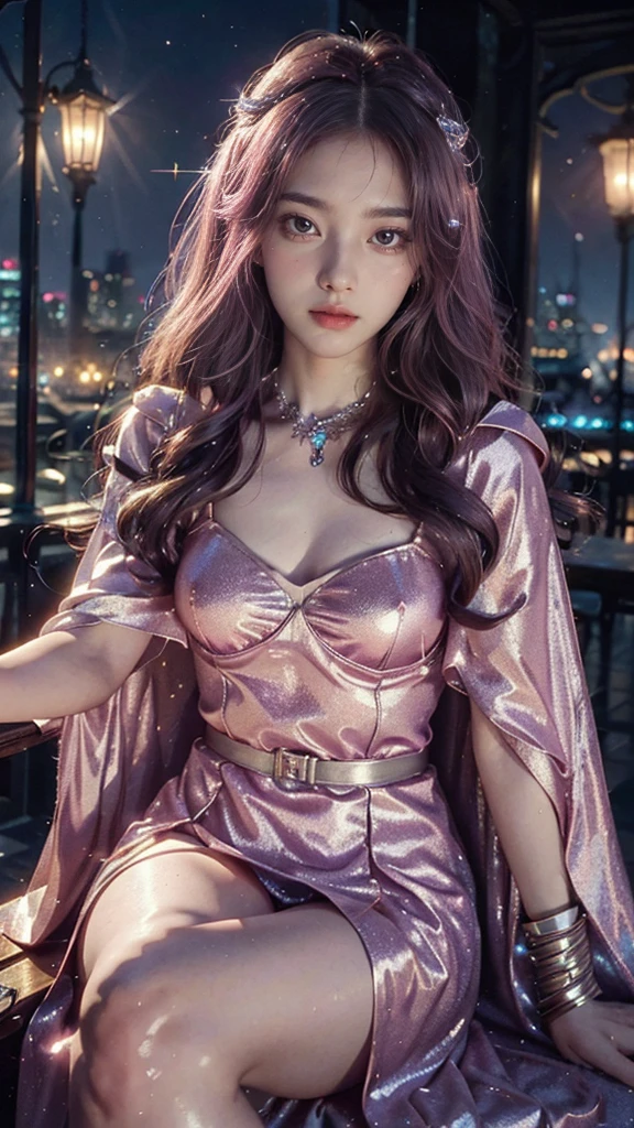 4k, UHD, masterpiece, 1 girl, good face, ((detailed eyes)), very long hair, impressive hairstyle, perfect brasts, fantasy cosplay, pink cosplay, strap cosplay, cape, night city, building, lamps, depth of field, reflection light, ((sparkle)), chromatic aberration, sitting on the chair,