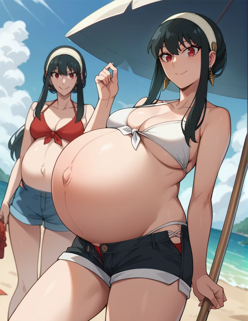 score_9, score_8_up, score_7_up, source_anime,
yorbriar, yor briar, black hair, red eyes, earrings, white hairband, hairband, long hair, sidelocks,
bare shoulders, bikini, shorts, thighs,
Beach, smile,
looking at viewer, dutch angle, cowboy shot, pregnant, huge belly