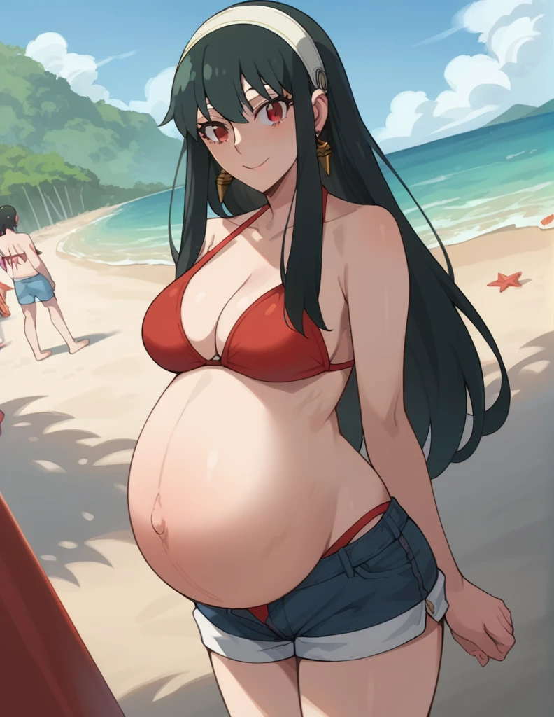 score_9, score_8_up, score_7_up, source_anime,
yorbriar, yor briar, black hair, red eyes, earrings, white hairband, hairband, long hair, sidelocks,
bare shoulders, red bikini, shorts, thighs,
Beach, smile,
looking at viewer, dutch angle, cowboy shot, pregnant, huge belly