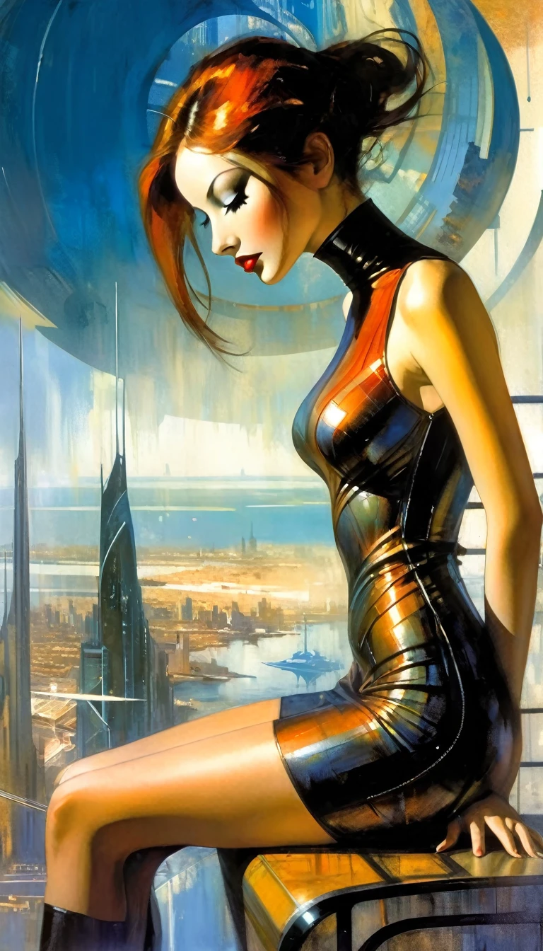 very sexy woman, very tight futuristic dress, sitting erotically, on a terrace overlooking a futuristic city with sea, oil painting, emotional impact, Bill Sienkiewicz inspired art
