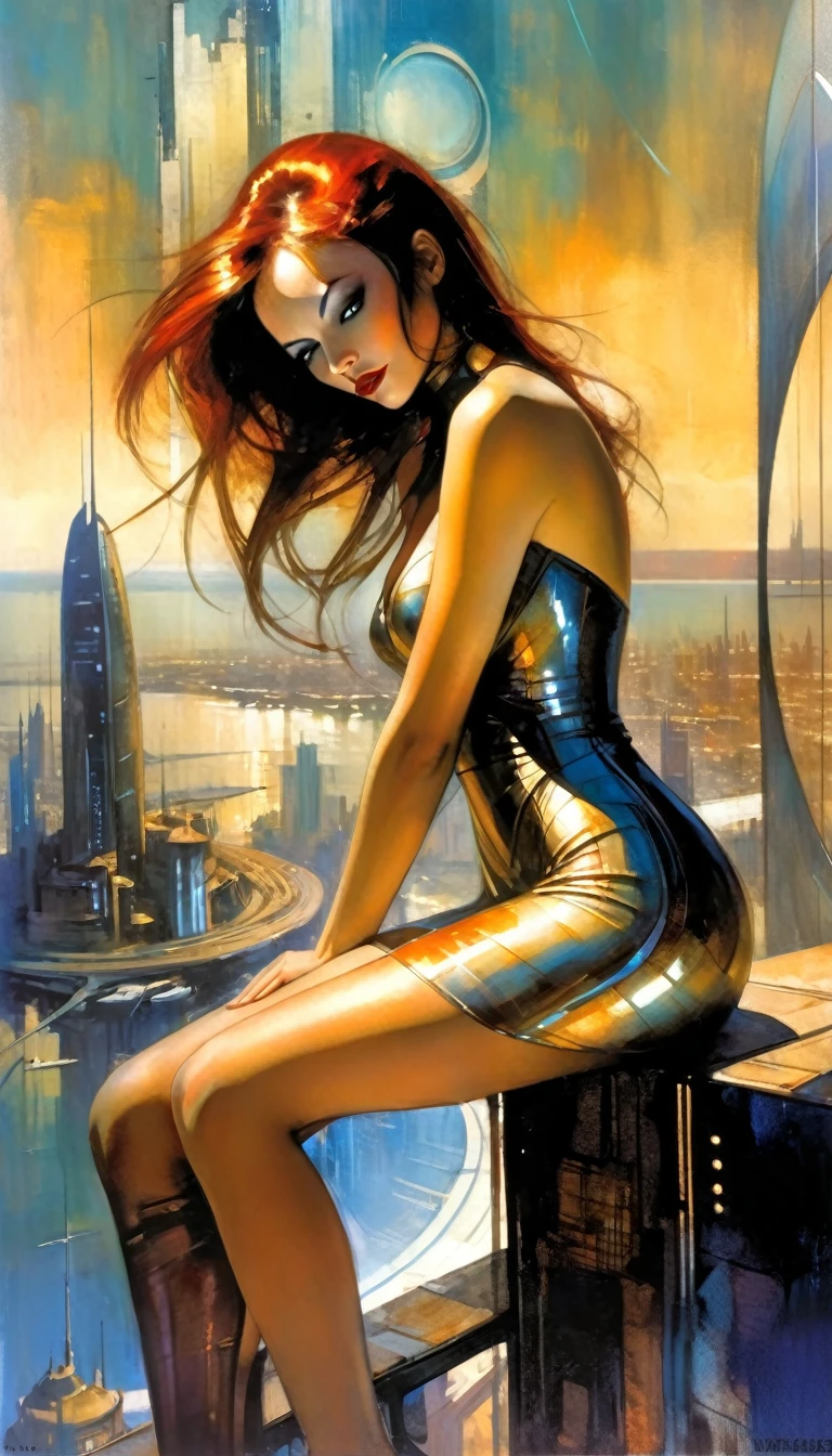 very sexy woman, very tight futuristic dress, sitting erotically, on a terrace overlooking a futuristic city with sea, oil painting, emotional impact, Bill Sienkiewicz inspired art