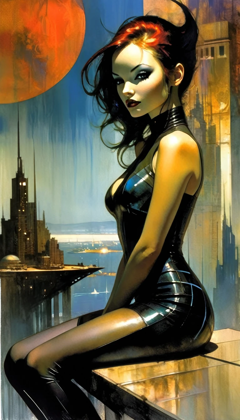 very sexy woman, very tight futuristic dress, sitting erotically, on a terrace overlooking a futuristic city with sea, oil painting, chiaroscuro, sensual, dramatic lighting, moody atmosphere, photorealistic, intricate details, masterpiece, ultra-detailed, high quality, 8k, best quality, realistic, cinematic, dark and brooding, expressionistic, powerful composition, emotional impact, Bill Sienkiewicz inspired art
