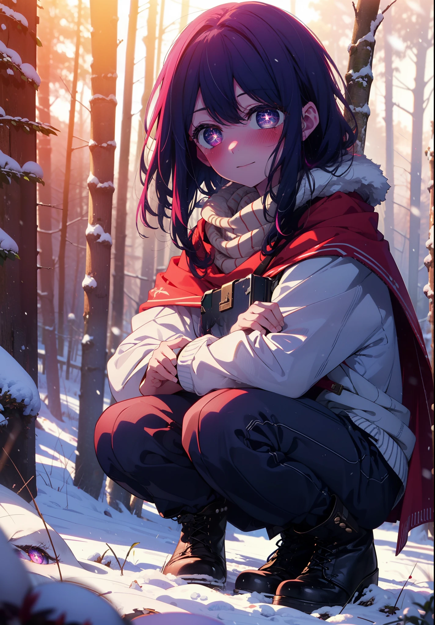 aihoshino, Ai Hoshino, Long Hair, bangs, (Purple eyes:1.1), Purple Hair, (Symbol-shaped pupil:1.5), smile,,smile,blush,white breath,
Open your mouth,snow,Ground bonfire, Outdoor, boots, snowing, From the side, wood, suitcase, Cape, Blurred, , forest, White handbag, nature,  Squat, Mouth closed, Cape, winter, Written boundary depth, Black shoes, red Cape break looking at viewer, Upper Body, whole body, break Outdoor, forest, nature, break (masterpiece:1.2), Highest quality, High resolution, unity 8k wallpaper, (shape:0.8), (Beautiful and beautiful eyes:1.6), Highly detailed face, Perfect lighting, Extremely detailed CG, (Perfect hands, Perfect Anatomy),