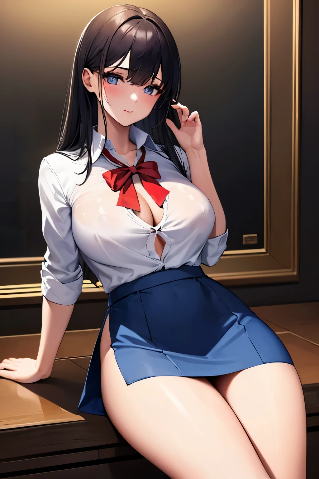 (high quality), (lot of details), (​masterpiece), Young girl in white tight blouse (top button open, sexy bra to see), blue mini skirt with red border, sexy slip