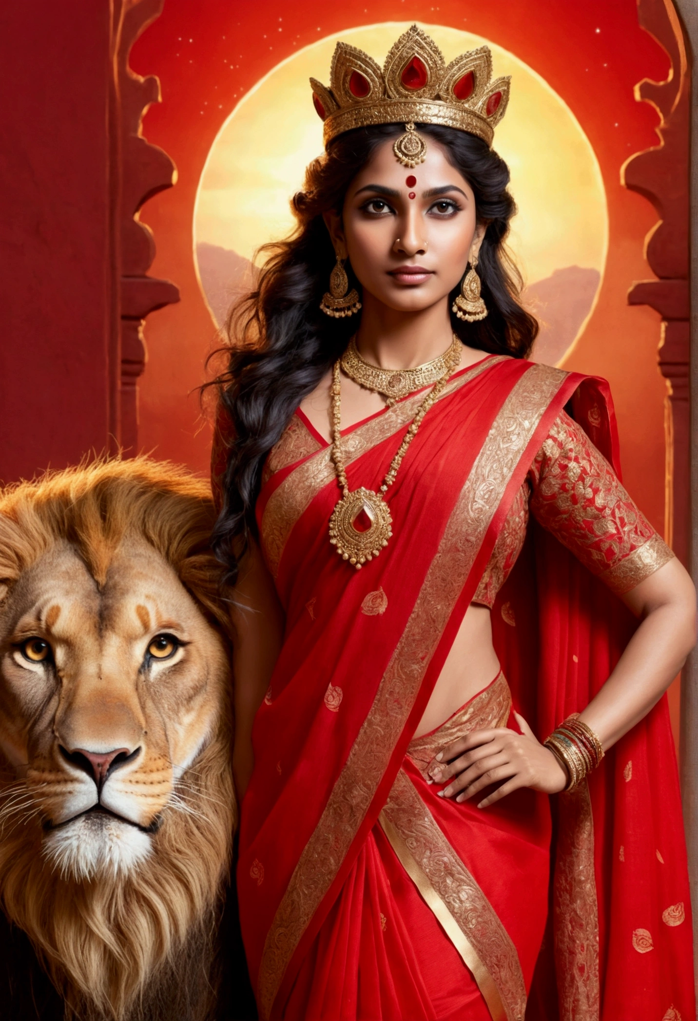 (highly detailed), (illustration), (intricate), (beautiful face), (complete body picture), modern indian goddess, Hinduism, dynamic pose, deity crown, (lion standing nearby), colorful, eye-catching, heavenly.