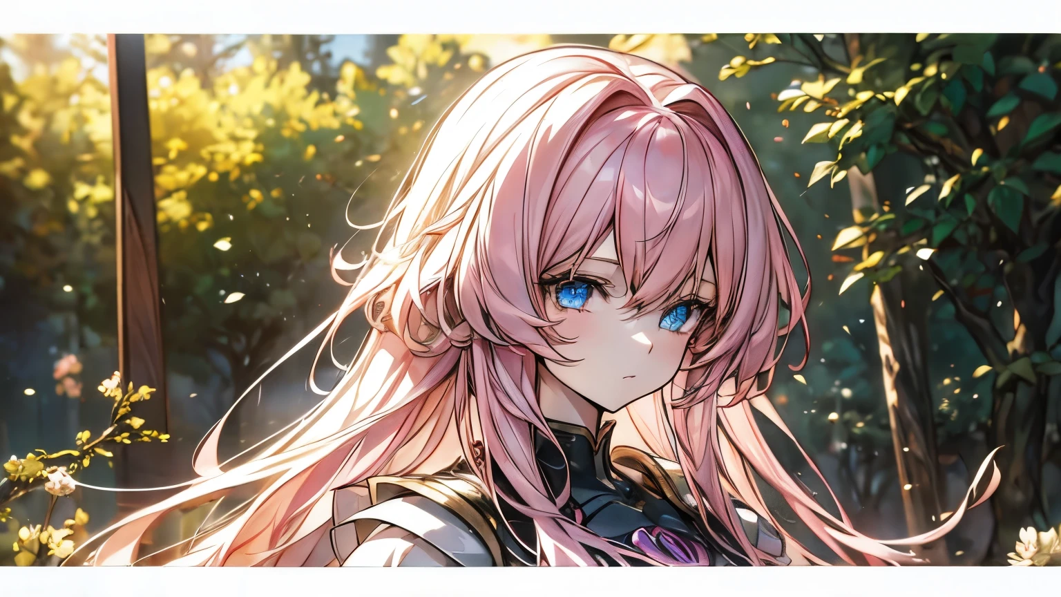 Anime girl with long pink hair and blue eyes standing in a forest., detailed digital anime art, 4K anime style, hermoso portrait animado, portrait, Knights of the Zodiac, , anime art wallpaper 4k, 4k anime art wallpaper, blonde anime girl with long hair, 8K high quality detailed art, anime art wallpaper 8k, pink fur princess, detailed anime art