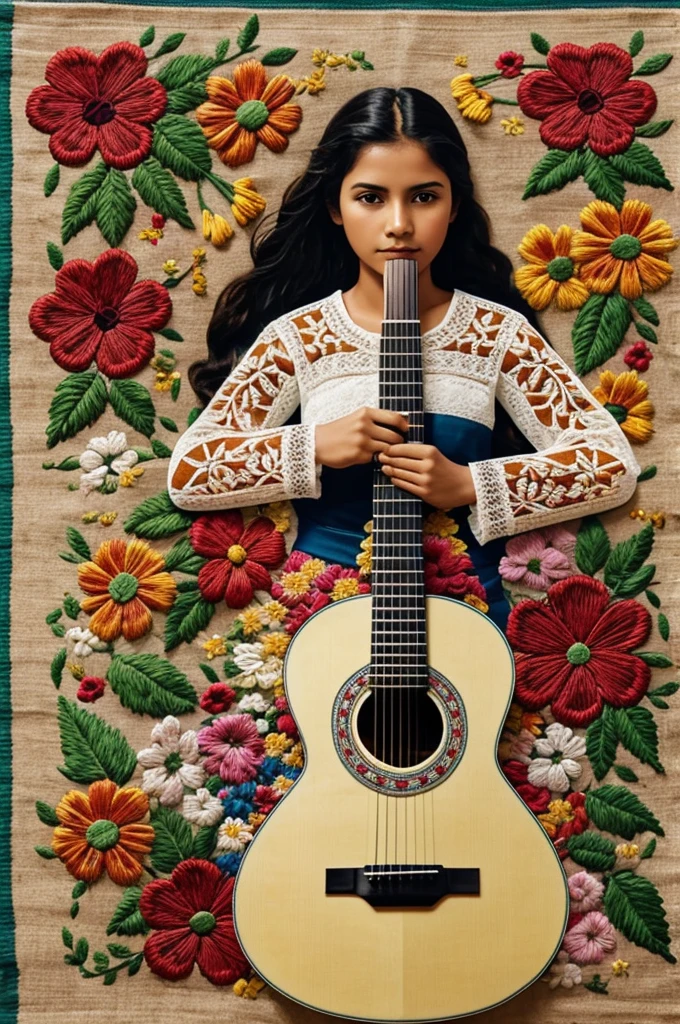 A collage that combines a Spanish guitar with embroidered flowers typical of the isthmus of Tehuantepec Oaxaca