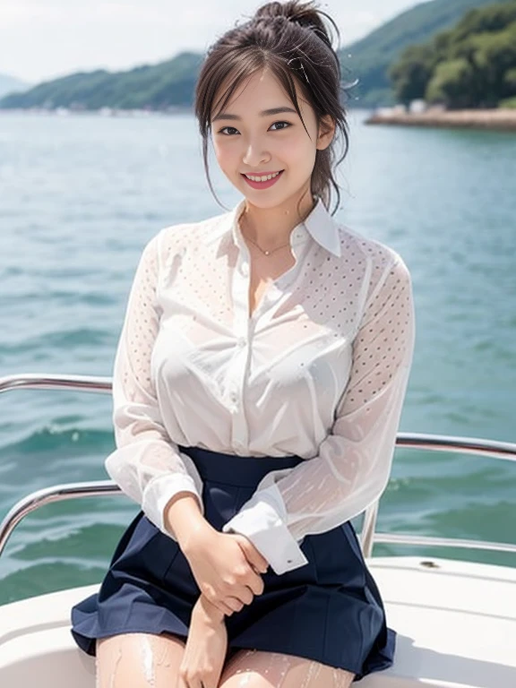 Gray background、pubic hair、Large Breasts、Thighs、Red lipstick、Cute woman、high school girl、White shirt、(Navy blue skirt)、smile、Open chest shirt、(A polka dot shirt that was wet and showed her underwear)、Wet Hair、Gazing at the sea、smile、On the boat、ponytail、