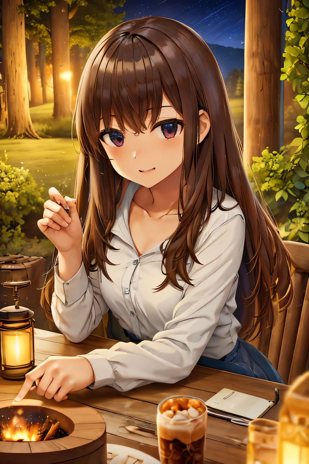 landscape, summer, night, forest, campfire in one place, unmanned, nobody, starry sky, HD detail, ultra detail, film, hyper realism, soft light, deep focus bokeh, ray tracing, hyper realism. , Art Station pixiv Gwise, Makoto Shinkai, Art Germ