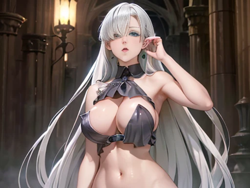 Girl, platinum hair, fringe covering right eye, green eyes, big and heavy breasts ,nsfw image 1.2 high resolution, full-body display 1.2