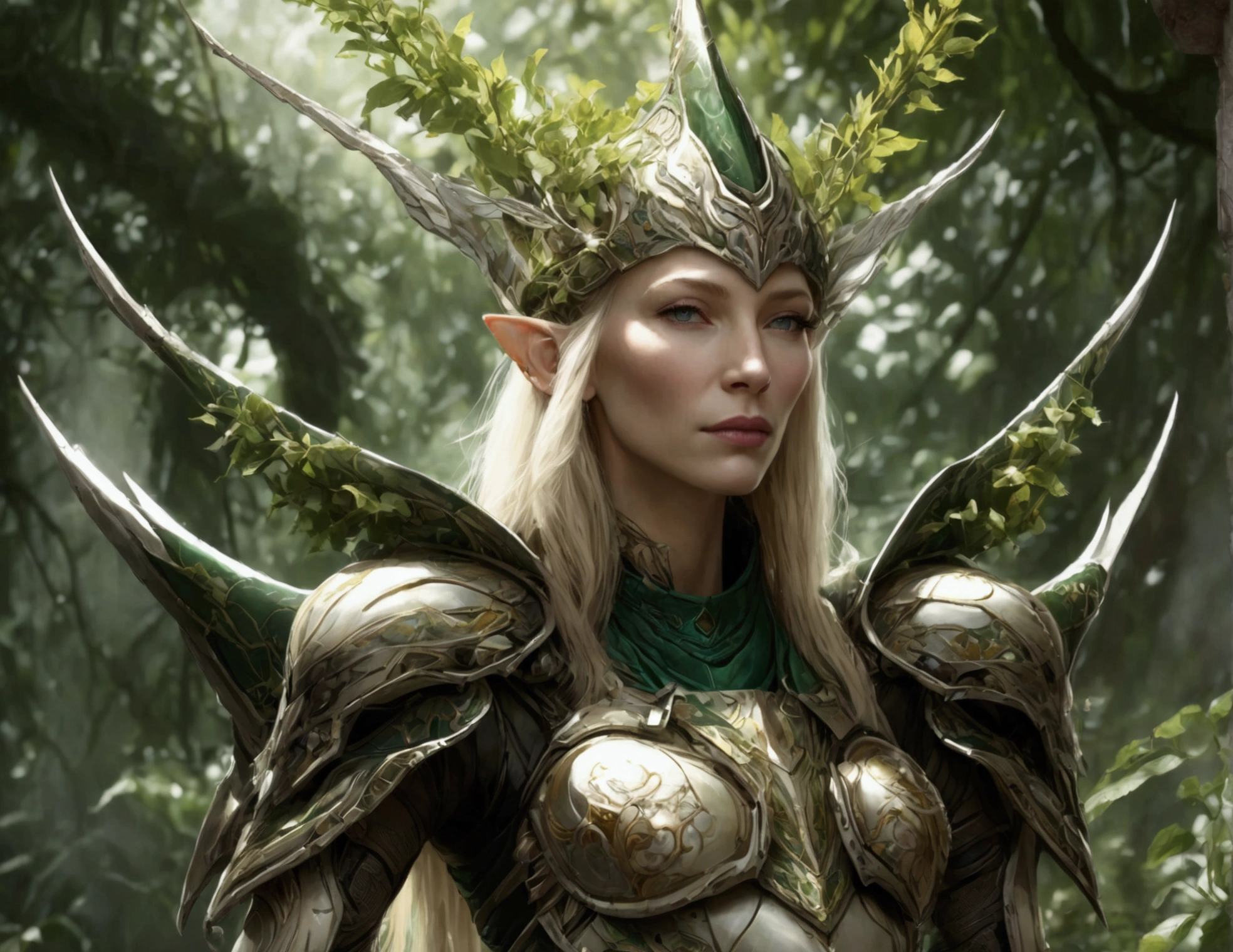 Cate Blanchett (elf, sleek sexy battle armor (very revealing), ornate large headpiece, large blades) is an an ruined Aeldari city in warhammer 40k, overgrown with vegetation
