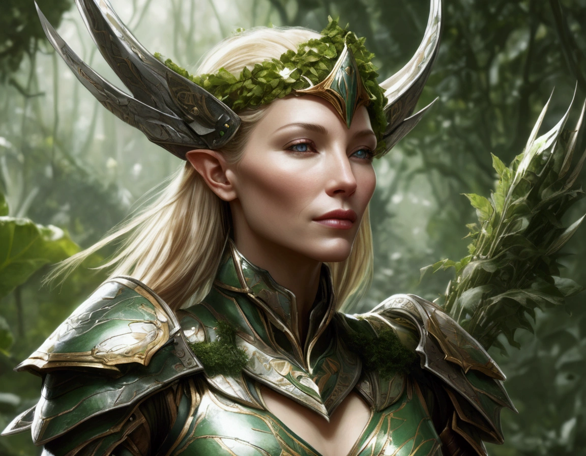 Cate Blanchett (elf, sleek sexy battle armor (very revealing), ornate large headpiece, large blades) is an an ruined Aeldari city in warhammer 40k, overgrown with vegetation
