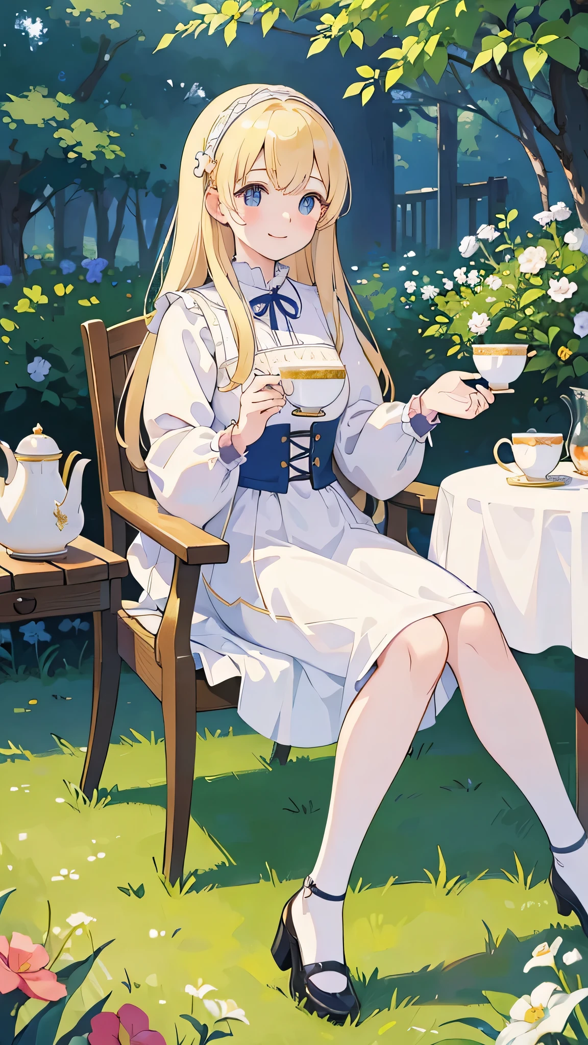 ((masterpiece)), ((Highest quality)), ((High resolution)), ((In detail))、European national costume、Anime style white woman、Blonde、smile、Happy expression、Daytime、Drinking tea in an English garden、cute、beautiful、