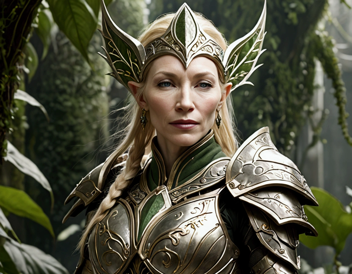 Cate Blanchett (elf, sleek sexy battle armor (very revealing), ornate large headpiece, large blades) is an an ruined Aeldari city in warhammer 40k, overgrown with vegetation
