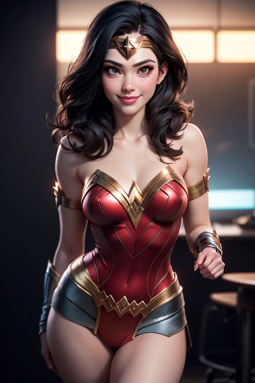 Wonder woman, Portrait photo by Altgarm, realism style, Glowing skin, Cartoon hero, Natural light, Defined lips, Strong physical strength, Feminine body, Full body, viewer, (Smile:1.2), Depth of field f/1.8, studio shot, (((looking in camera))), Camera orientation, ellen von unwerth, (Sexy Pose:1.5)),  Unreal 5, 8 k, 8K RAW, Ray Tracing, NVIDIA RTX,