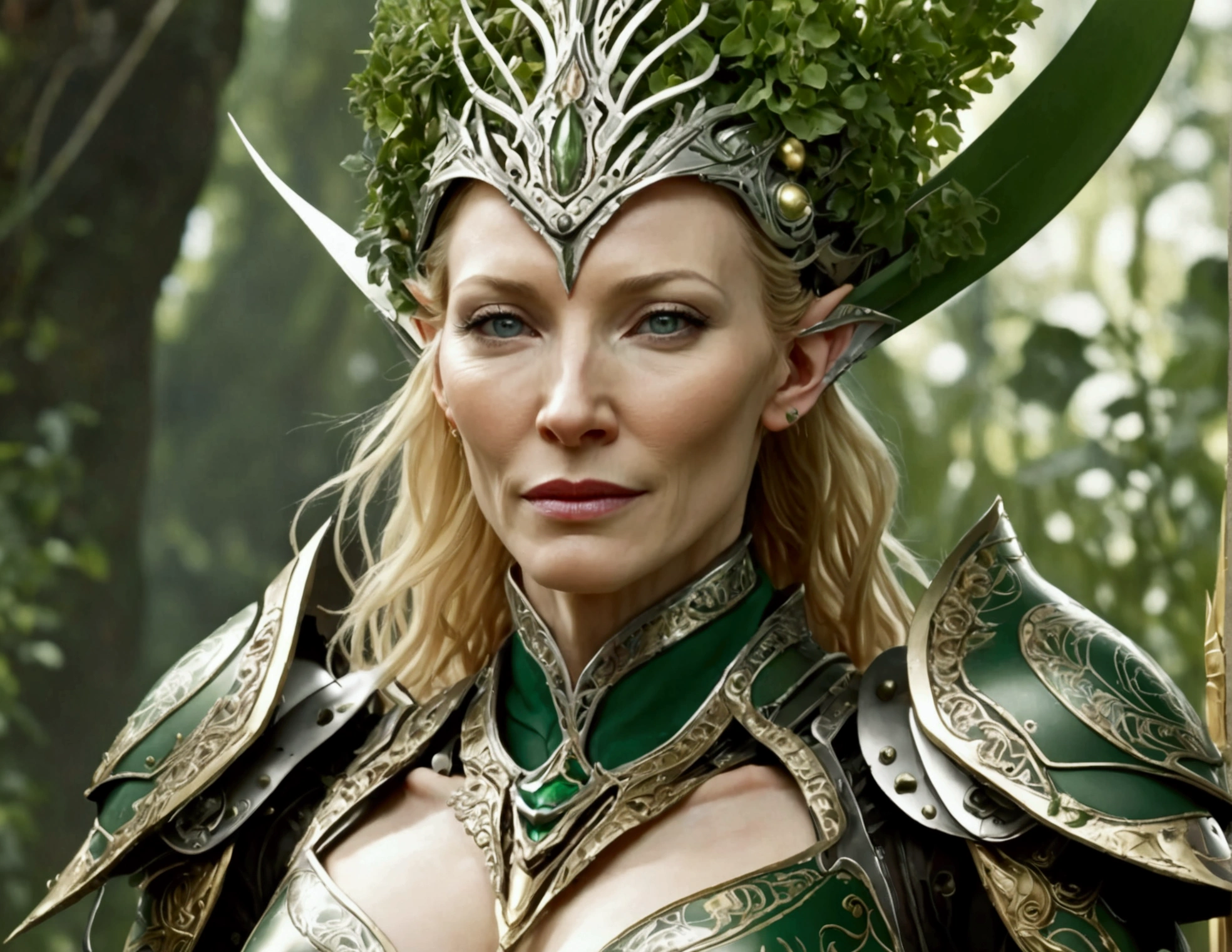 Cate Blanchett (elf, sleek sexy battle armor (very revealing), ornate large headpiece, large blades) is an an ruined Aeldari city in warhammer 40k, overgrown with vegetation
