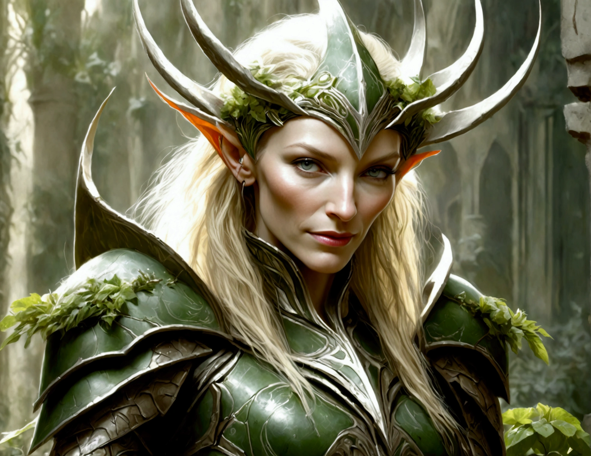 Cate Blanchett (elf, sleek sexy battle armor (very revealing), ornate large headpiece, large blades) is an an ruined Aeldari city in warhammer 40k, overgrown with vegetation