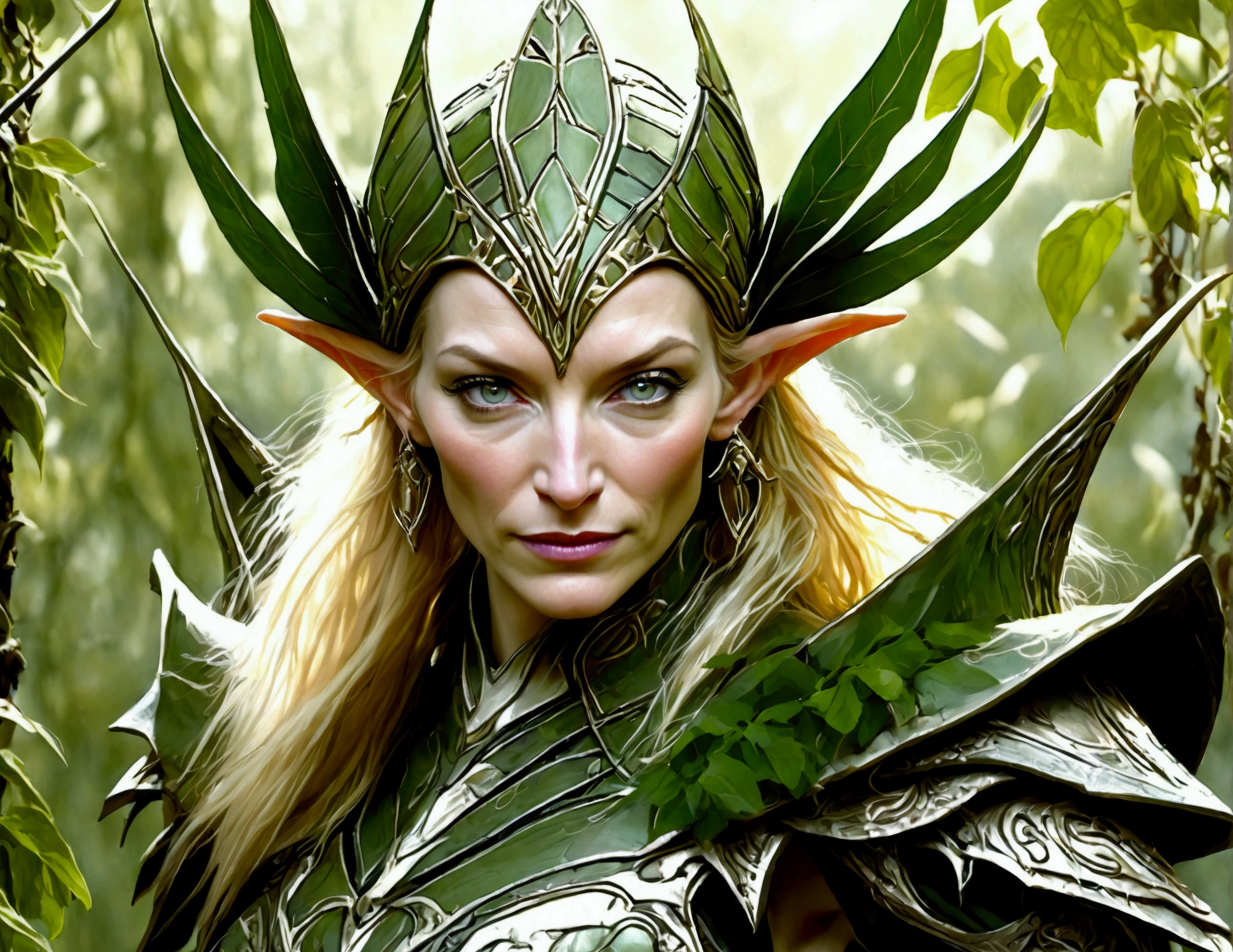 Cate Blanchett (elf, sleek sexy battle armor (very revealing), ornate large headpiece, large blades) is an an ruined Aeldari city in warhammer 40k, overgrown with vegetation