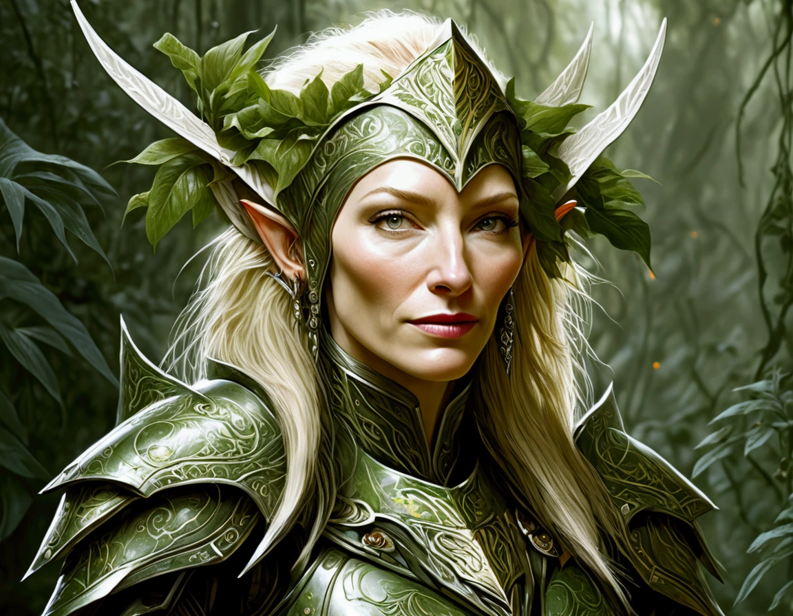 Cate Blanchett (elf, sleek sexy battle armor (very revealing), ornate large headpiece, large blades) is an an ruined Aeldari city in warhammer 40k, overgrown with vegetation
