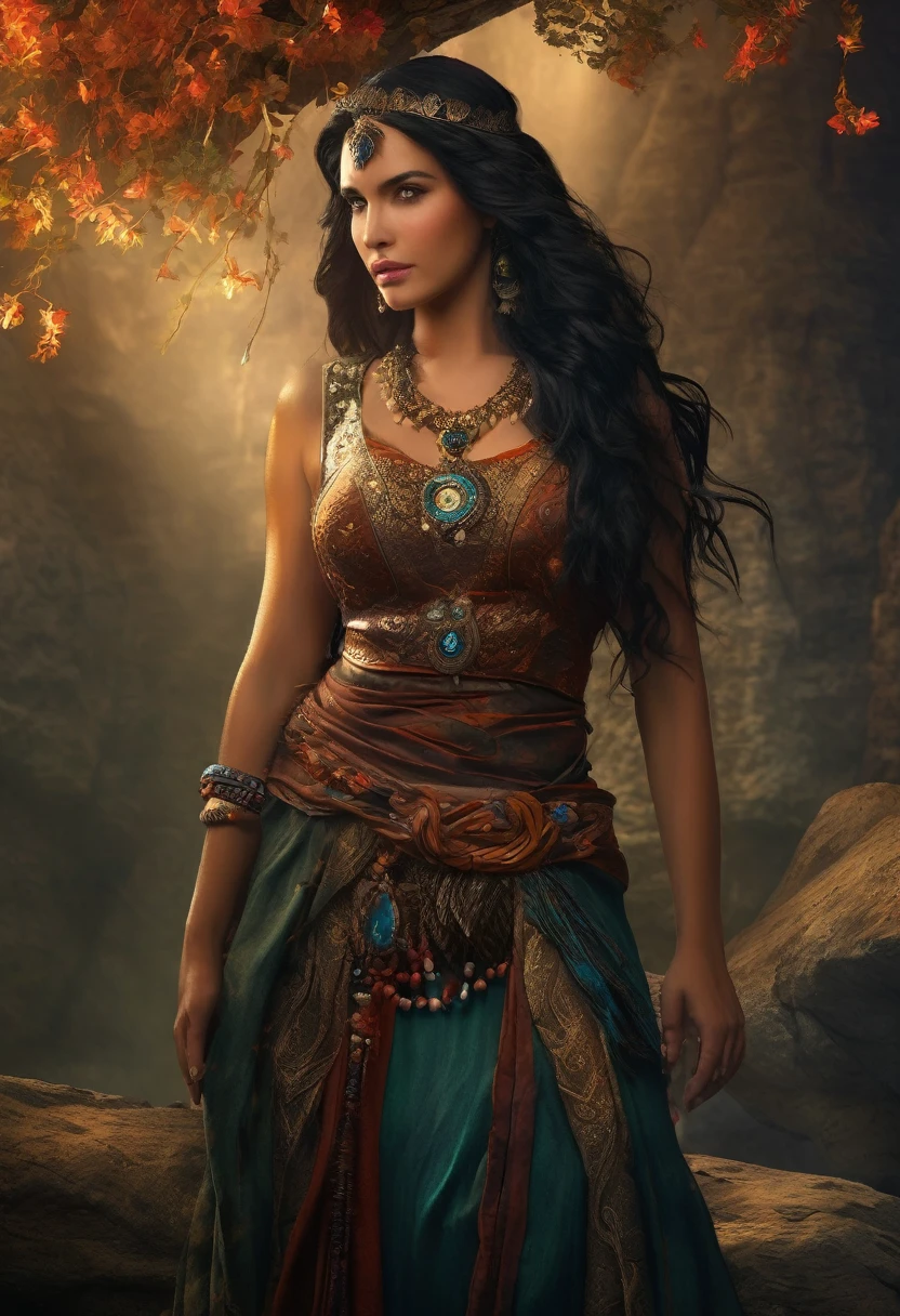 (Beautiful druid girl:1.3, long and wavy black hair, Caucasian skin) Hugging the Wolf  (Extremely detailed CG 8k unity wallpaper,work of art, best qualityer, ultra detali, beautiful and detailed eyes:1.2),better lighting, (best shade, extremely delicate and beautiful, blossom), work of art, best qualityer:1.1, realisitic:1.3, cinematic lighting:1.2, In a dark cave:1.5, ultra fotorrealisitic, fotorrealisitic:1.0, sharp focus:1.1, Depth of field:1.1, 50mm, Nathan Wirth&#39;s style, Hasselblad X1D II, Holds 160 pointed ears, Leprechaun