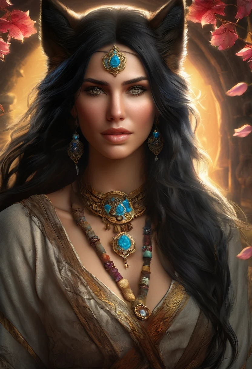 (Beautiful druid girl:1.3, long and wavy black hair, Caucasian skin) Hugging the Wolf  (Extremely detailed CG 8k unity wallpaper,work of art, best qualityer, ultra detali, beautiful and detailed eyes:1.2),better lighting, (best shade, extremely delicate and beautiful, blossom), work of art, best qualityer:1.1, realisitic:1.3, cinematic lighting:1.2, In a dark cave:1.5, ultra fotorrealisitic, fotorrealisitic:1.0, sharp focus:1.1, Depth of field:1.1, 50mm, Nathan Wirth&#39;s style, Hasselblad X1D II, Holds 160 pointed ears, Leprechaun