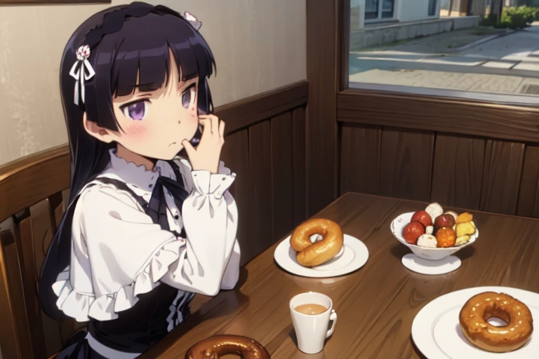 (donutを食べる), donut, カラフルなdonut, table, Stylish teacups, Place mat, Knife and fork, (ruri gokou), girl, alone, Hime cut, Gothic Lolita, Lolita Fashion, head band, middle ages, European Castles, Different world, masterpiece,