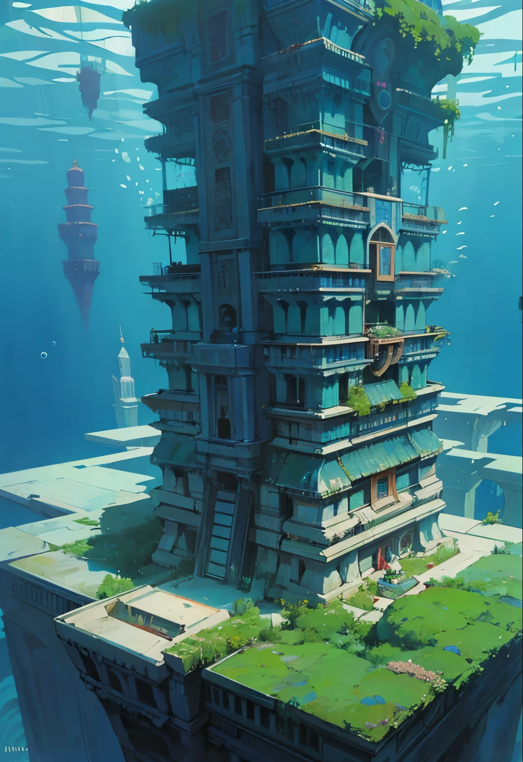 A futuristic fictional Underwater metropolis structure inspired from tamil architecture style underwater city,sci-fi nanowater ecosystem  flora , with thick genetically engineered forest Vegetation and foliage, farmlands and orchids, of  futuristic underwater fictional world of Kumari Kandam (Tamil: குமரிக்கண்டம், romanized: Kumarikkaṇṭam). in blue, red and Black colors