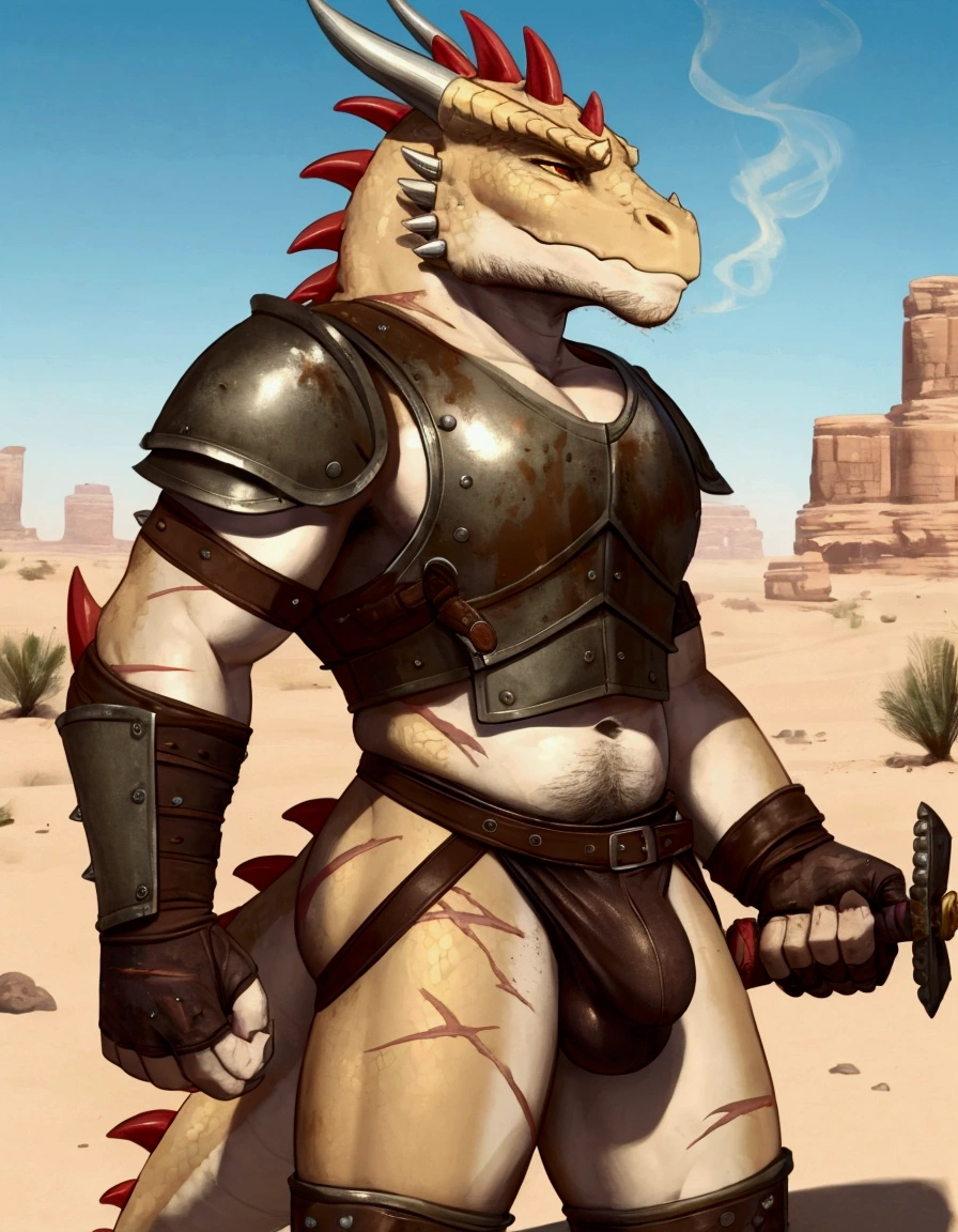 Solo Sexy anthro scalie dragon male mercenary medieval solider, slim endomorph muscular handsone model male apperance, sword scars, worn out rusty skimpy armament, low on hips heavy leather belt, old very worn out skimpy dirty linen material jockstrap, old yellow dirty worn out stains on white jockstrap, erection of dick under jockstrap, cum cumshoot drops from tip of jocstrap, studded skimpy armlets breastplate armor, skimpy breastplate, leather bondages, fingerless leather gloves, smelly unwashed husk, dirty body look, desert battlefield, standing in sexy fighting position, close view of full character