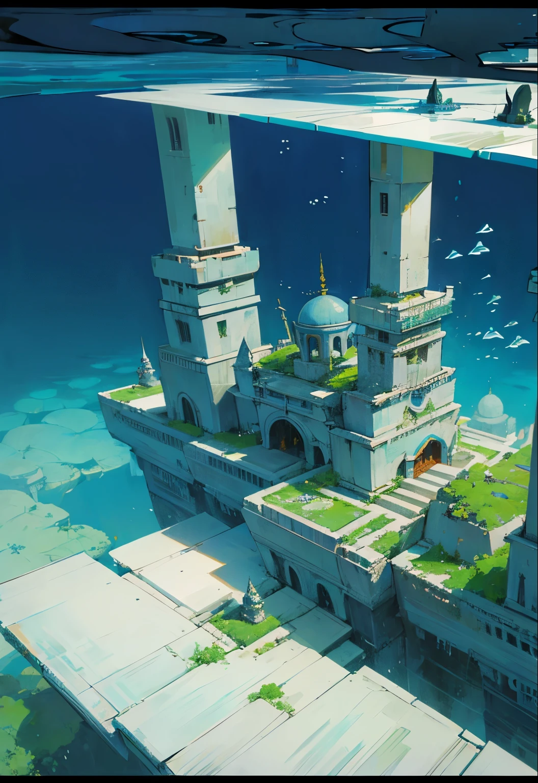 A futuristic fictional Underwater metropolis structure inspired from tamil architecture style underwater city,sci-fi nanowater ecosystem flora , with thick genetically engineered forest Vegetation and foliage, farmlands and orchids, of futuristic underwater fictional world of Kumari Kandam (Tamil: குமரிக்கண்டம், romanized: Kumarikkaṇṭam). in blue, red and Black colors