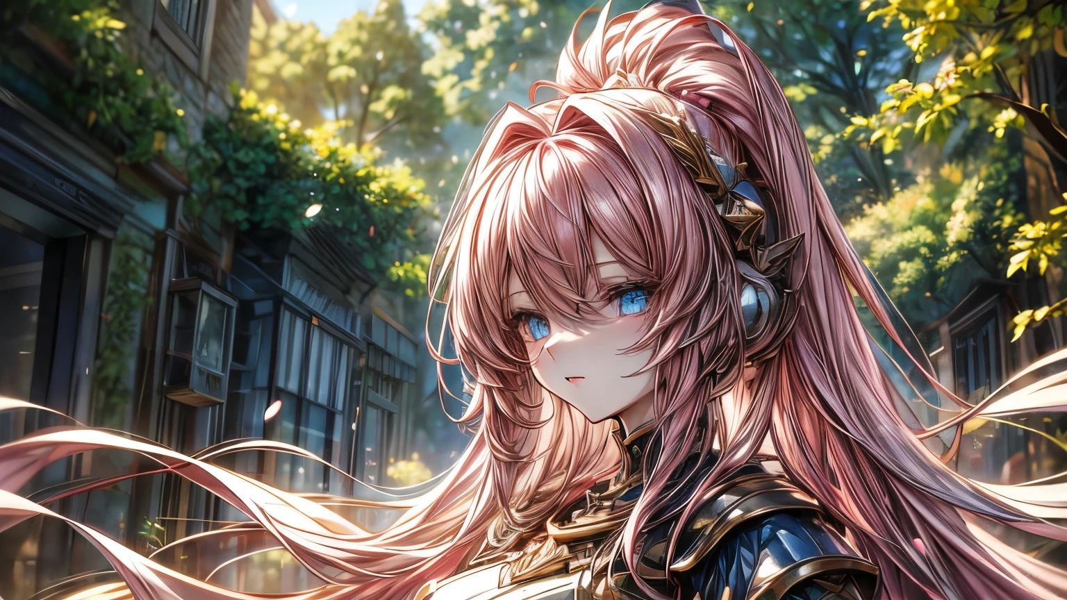 Anime girl with long pink hair and blue eyes standing in a forest., detailed digital anime art, 4K anime style, hermoso portrait animado, portrait, Knights of the Zodiac, , anime art wallpaper 4k, 4k anime art wallpaper, blonde anime girl with long hair, 8K high quality detailed art, anime art wallpaper 8k, pink fur princess, detailed anime art