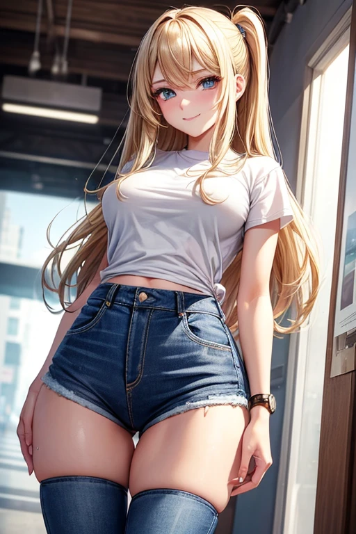 Draw Samantha, a blonde female character with long hair down to her waist. blue colored eyes, breasts small, Waist slender, big-ass. Wearing jeans with a brown stripe, black sneakers, watch on the arm, white blouse. He is walking through the college corridors in a sensual way, she's very beautiful. Front position with bottom-up view. smirk on face. tight pants. She is a very hot girl. Just one character in the image. Focus from the thighs up. Thick thighs and voluminous pussy. low-waisted jeans. breasts small. low waisted pants. Very hot and sexy girl.