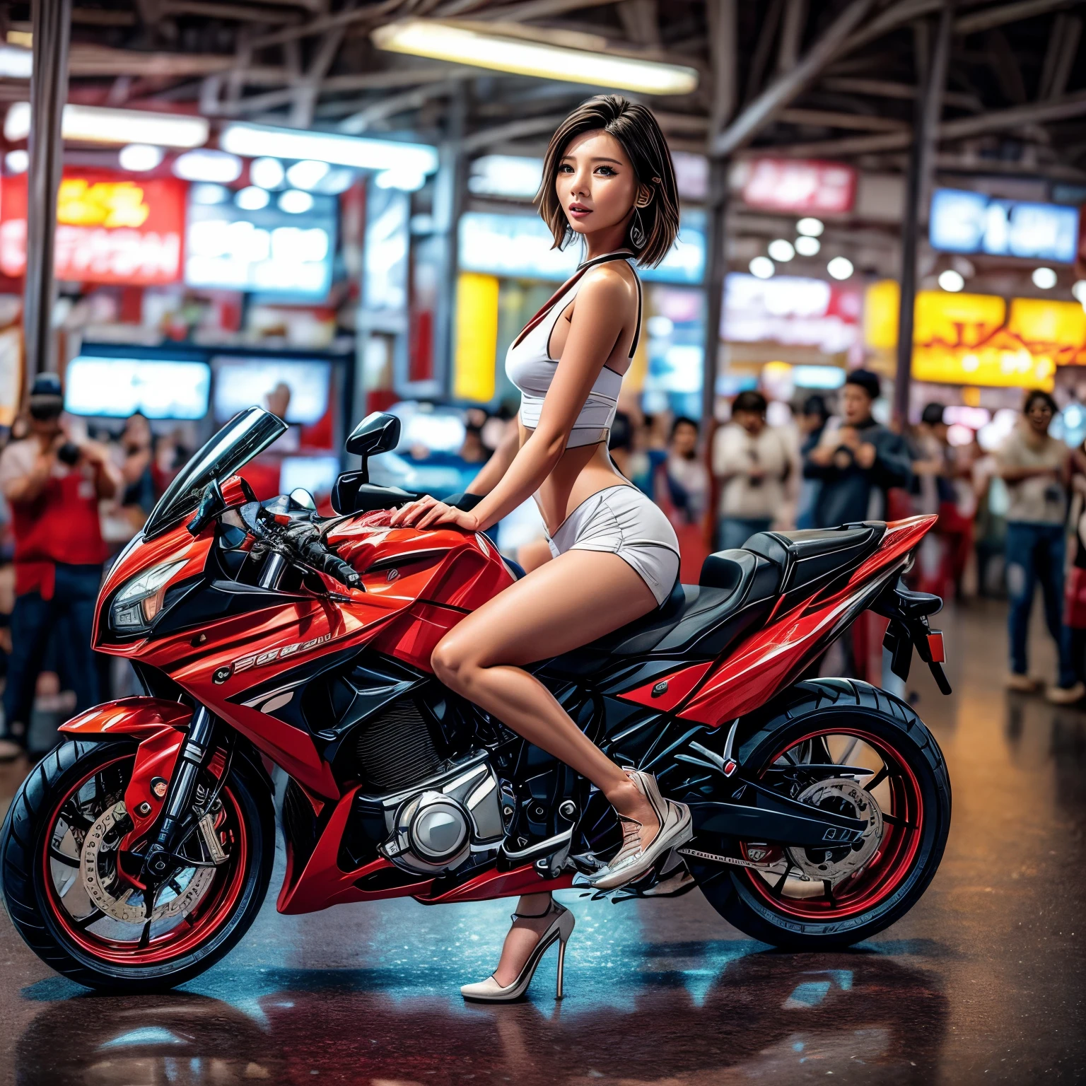 (ExtremelyDetailed((Song Joo A))) clearly visible the shape of Butt, Radiant Ivory Skin with Transparency, motor cycle event girls in sexy costume, Detailed Clothing texture, Full of (motor cycle) . (Full body shot:1.2),Ultra-detailed,grand scale,epic,zoomed out,wide angle. (ExtremelyDetailed Beautiful face) Dynamic Joyful Expressions LifeLike Rendering. (Exposed:0.59) PerfectLighting (TopQuality 8K(masterpiece(ProfessionalPhoto:1.37)))