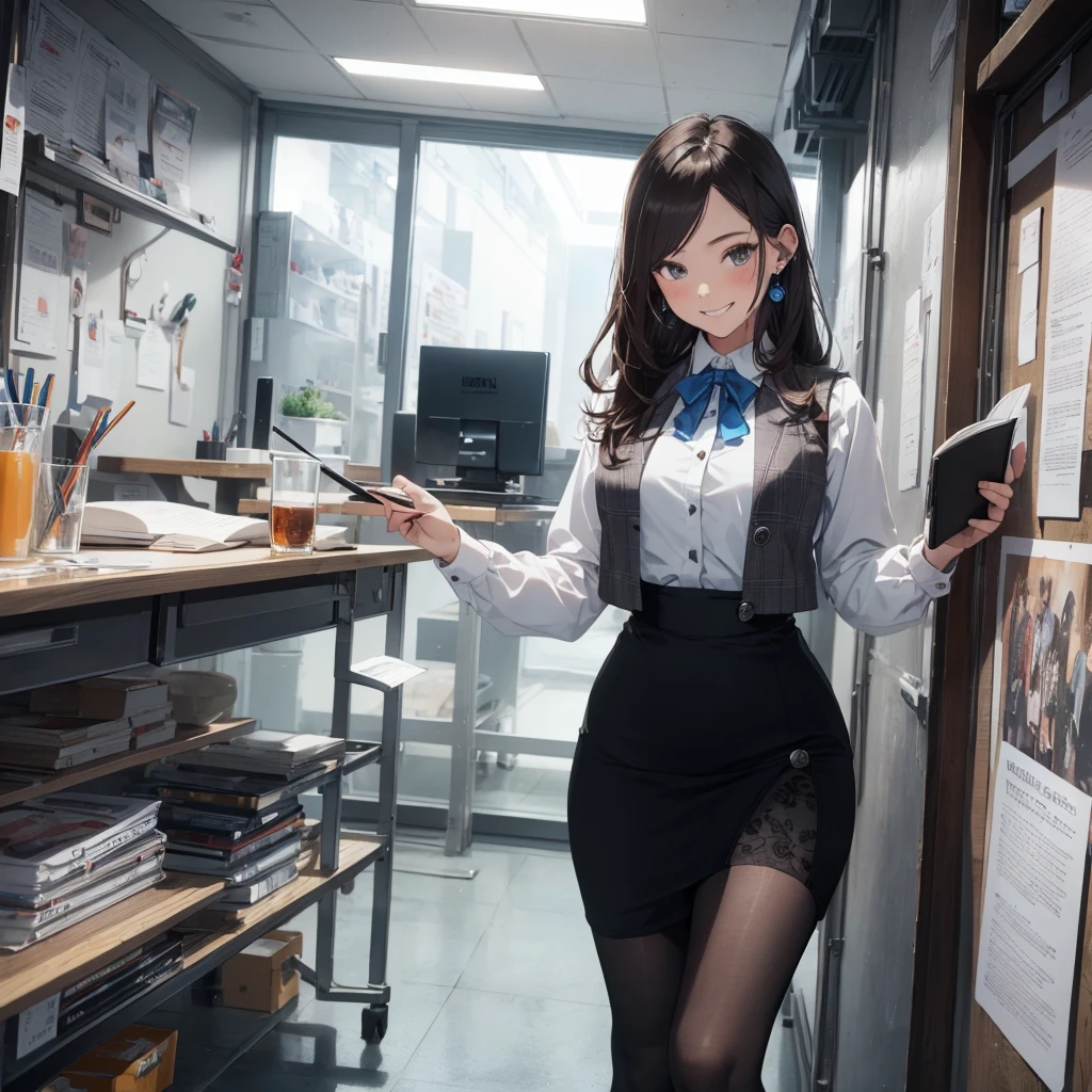 (Best Quality, Masterpiece),Wearing a pink plaid vest, White short sleeved shirt, Gray pencil skirt, Wear stiletto heels, Necklace, earrings, Cute face, Smile, Blushing, Shyness, Glass wall, Ultra Detail, Realistic, Front view, Whole body, stunning, cute, warm smile, hourglass figure, apron, text, chart, advertising, magazine title(Best Quality, Masterpiece), Mag((((1ladyl,)))) (masterpiece), (realistic), (best quality), (ultra-detailed), (wearing in [[white and gray check pattern]] Vest worn over white collared long-sleeved shirt:1.4), (gray vest with buttons:1.2), (Pink Theme:1.2), (blue ribbon ribbon:1.3), (Black theme:1.4), (Tight black pencil skirt:1.5), ((Brown pantyhose)), (high-heels:1.1),longskirt,office desk, office chair,Lulubre Unity 8K Wallpaper, pantyshot, long brown hair, office lady Magazine Cover, 1girl,  amazing, girl, 30 years old, house wiife, warm smile, hourglass figure, text, chart, advertising, magazine title