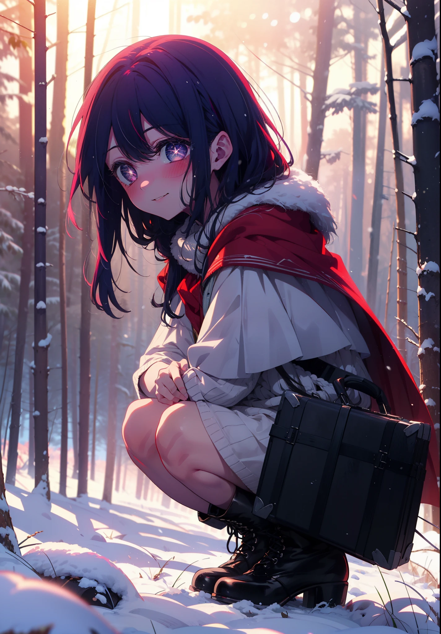 aihoshino, Ai Hoshino, Long Hair, bangs, (Purple eyes:1.1), Purple Hair, (Symbol-shaped pupil:1.5), smile,,smile,blush,white breath,
Open your mouth,snow,Ground bonfire, Outdoor, boots, snowing, From the side, wood, suitcase, Cape, Blurred, , forest, White handbag, nature,  Squat, Mouth closed, Cape, winter, Written boundary depth, Black shoes, red Cape break looking at viewer, Upper Body, whole body, break Outdoor, forest, nature, break (masterpiece:1.2), Highest quality, High resolution, unity 8k wallpaper, (shape:0.8), (Beautiful and beautiful eyes:1.6), Highly detailed face, Perfect lighting, Extremely detailed CG, (Perfect hands, Perfect Anatomy),