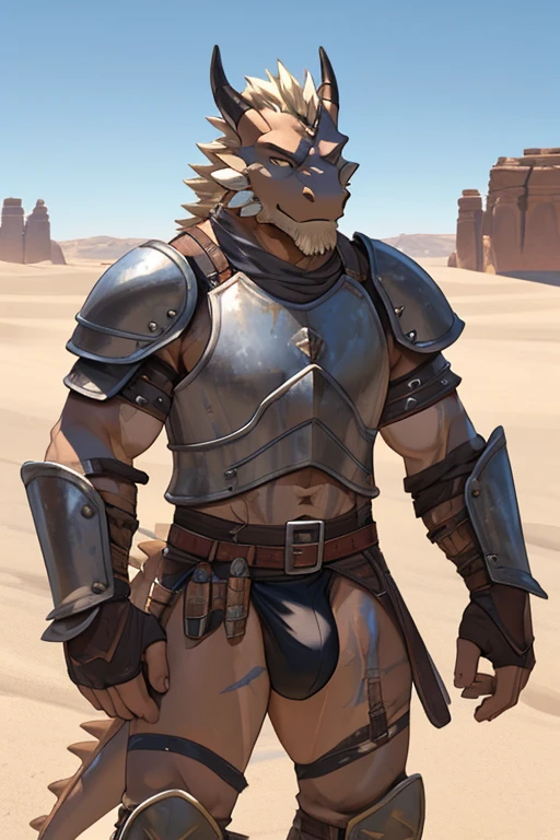 Solo Sexy anthro scalie dragon male mercenary medieval solider, slim endomorph muscular handsone model male apperance, sword scars, worn out rusty skimpy armament, low on hips heavy leather belt, old very worn out skimpy dirty linen material jockstrap, old yellow dirty worn out stains on white jockstrap, erection of dick under jockstrap, cum cumshoot drops from tip of jocstrap, studded skimpy armlets breastplate armor, skimpy breastplate, leather bondages, fingerless leather gloves, smelly unwashed husk, dirty body look, desert battlefield, standing in sexy fighting position, close view of full character