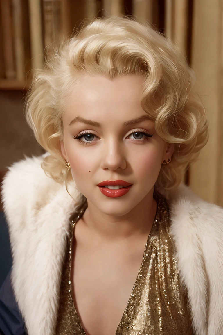 Marilyn Monroe is a woman with blonde hair blue eyes and mole on cheek