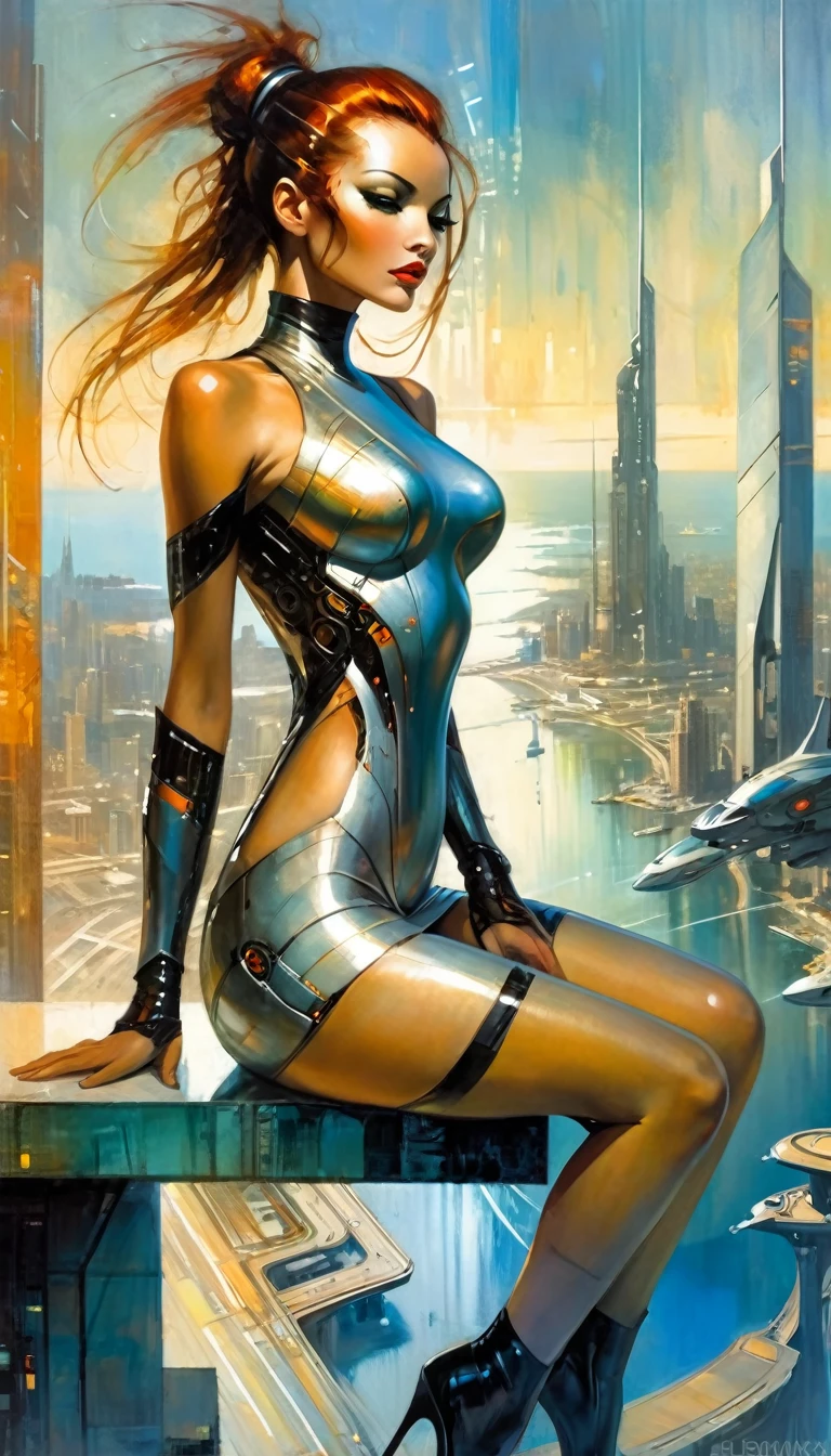 very sexy cyborg woman, very tight futuristic dress, sitting erotically, on a terrace overlooking a futuristic city with sea, oil painting, emotional impact, art inspired by Bill Sienkiewicz
