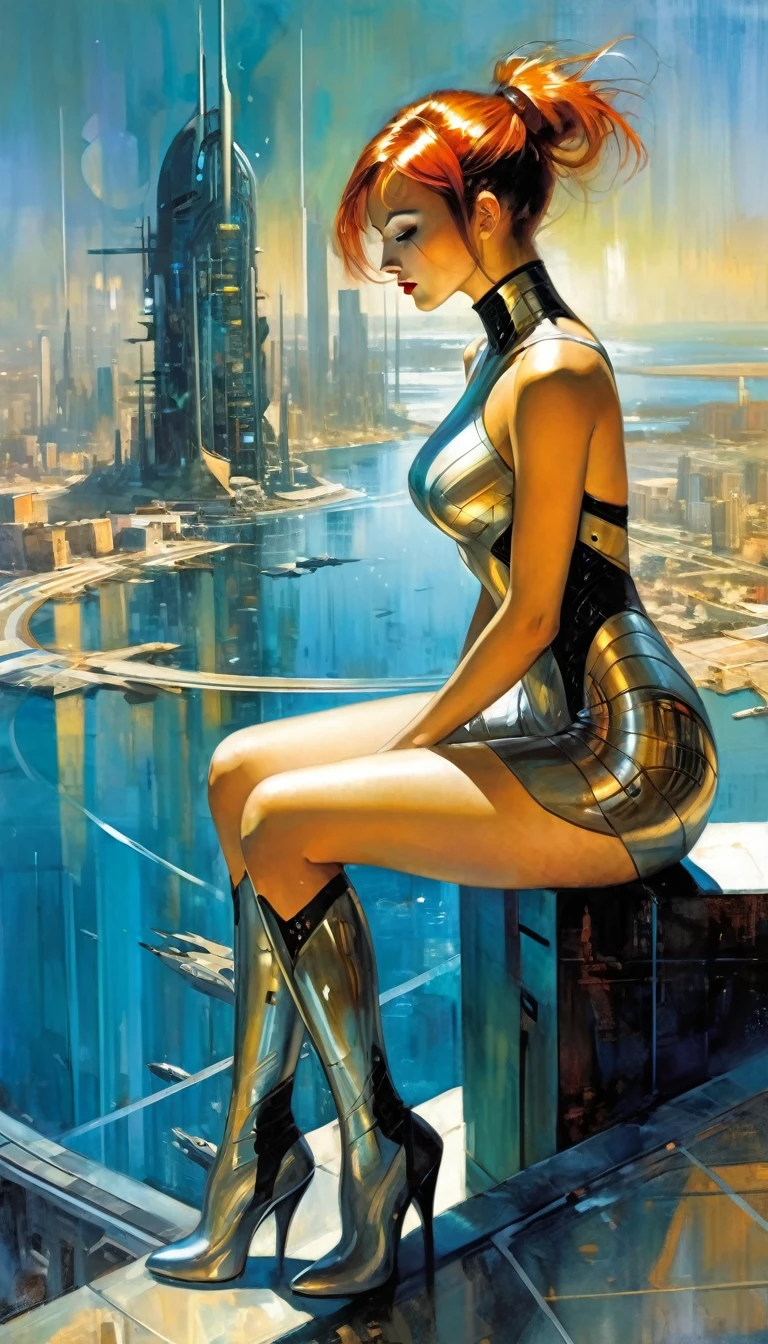 sexy girl futuristic long hair, sexy futuristic tight dress, futuristic city.1.5, rusty metal city, lots of details(Bill Sienkiewicz inspired art, intricate details, oil painting)