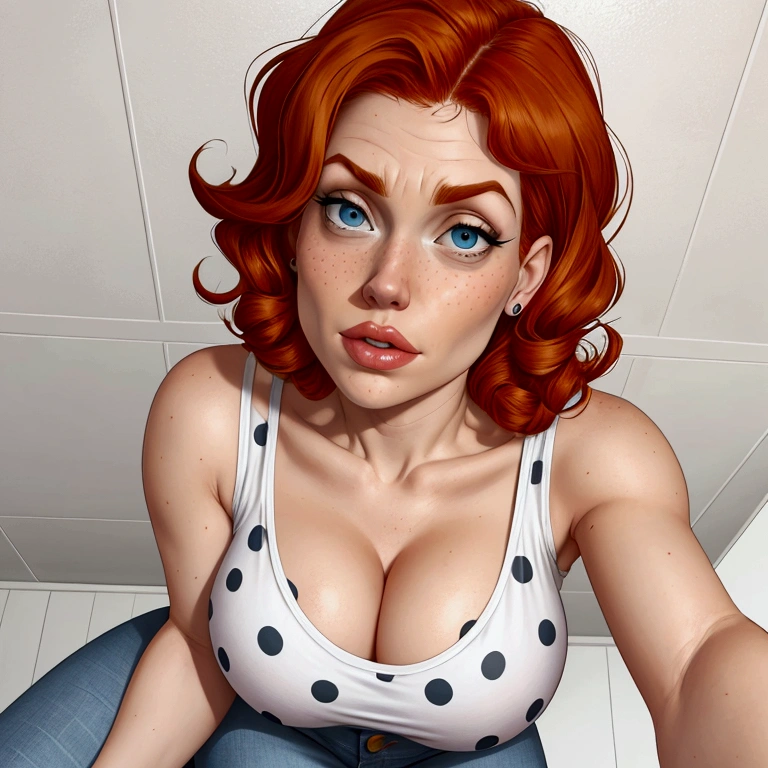 POV. Close up. Looking up. Pale. Lee Kanker. Ed Edd n Eddy. Short curly ginger hair, long bangs. Curvy. White Polka dot tank top with breasts exposed. Jeans.