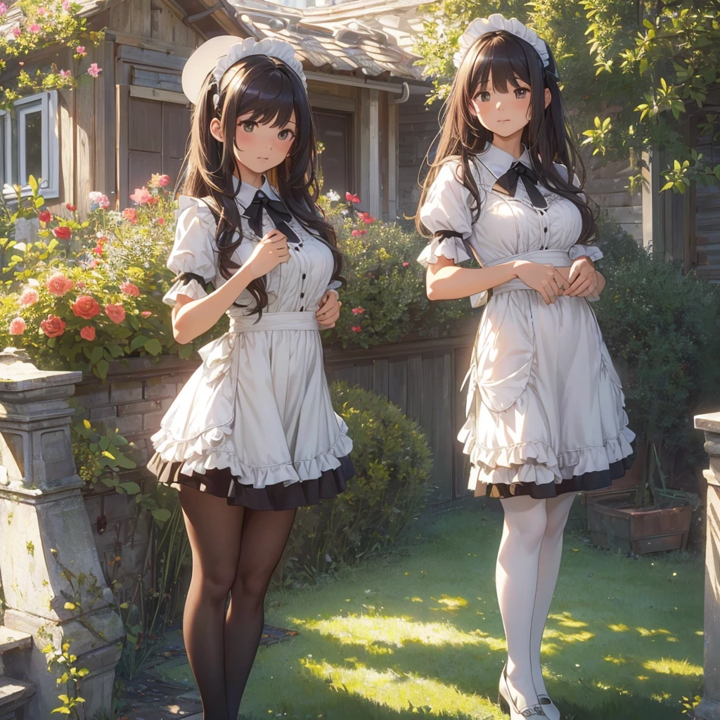 masterpieces,best quality,(ultra_detailed),3D,(realistic:1.9),(photorealistic:1.9),(light falloff at edges:1.9),shallow depth of field,sensual girl,in garden,at morning,western‐style house in the background,plump,(brown _pantyhose,)wavy long hair,built bangs,drooping eyes,wide-set eyes,lovely round eyes,looking away,round face, (maid costume),