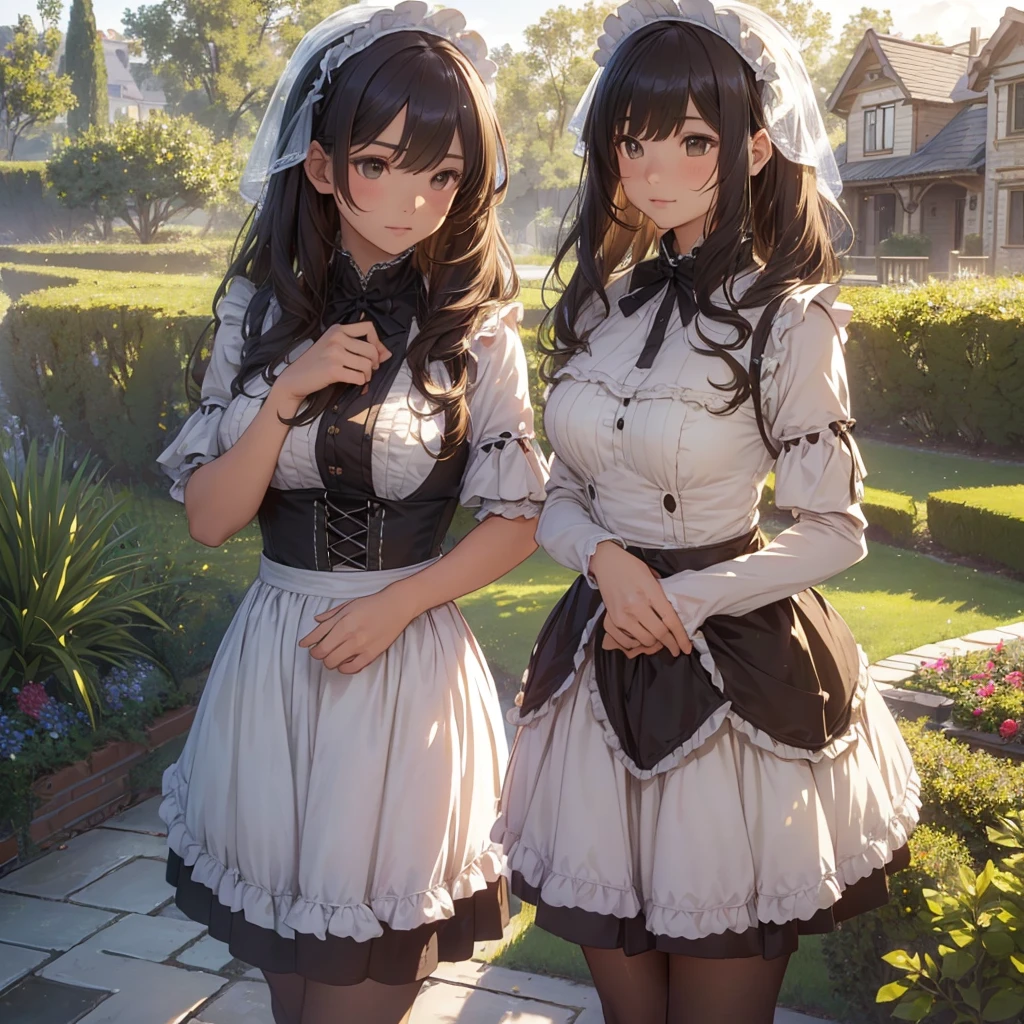 masterpieces,best quality,(ultra_detailed),3D,(realistic:1.9),(photorealistic:1.9),(light falloff at edges:1.9),shallow depth of field,sensual girl,in garden,at morning,western‐style house in the background,plump,(brown _pantyhose,)wavy long hair,built bangs,drooping eyes,wide-set eyes,lovely round eyes,looking away,round face, (maid costume),