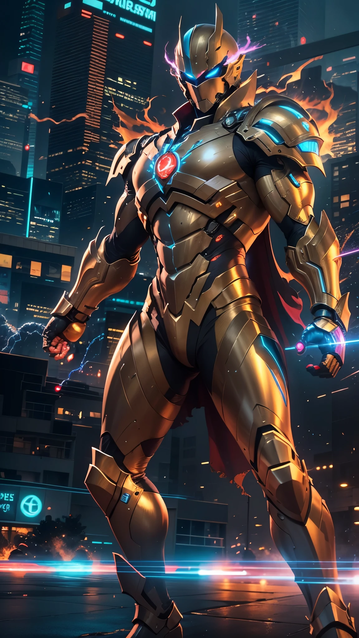 (best quality,4k,highres,masterpiece:1.2),ultra-detailed,realistic,physically-based rendering,professional,vivid colors,bokeh,metallic armor,golden cape,smooth and shiny surface,detailed facial features,bright glowing eyes,battle-ready stance,explosive special effects,stormy and dramatic background,heroic and powerful aura,majestic and imposing presence,laser beams shooting from hands,electricity surges,sparkling armor reflections,intricate mechanical components,urban cityscape,skyscrapers,nighttime setting,dynamic lighting,neon lights,blue and gold color scheme,cosmic energy swirling around,adrenaline-fueled action,high-tech gadgets,advanced weaponry,technological advancements,energy blasts,speed and agility,confident and determined expression.