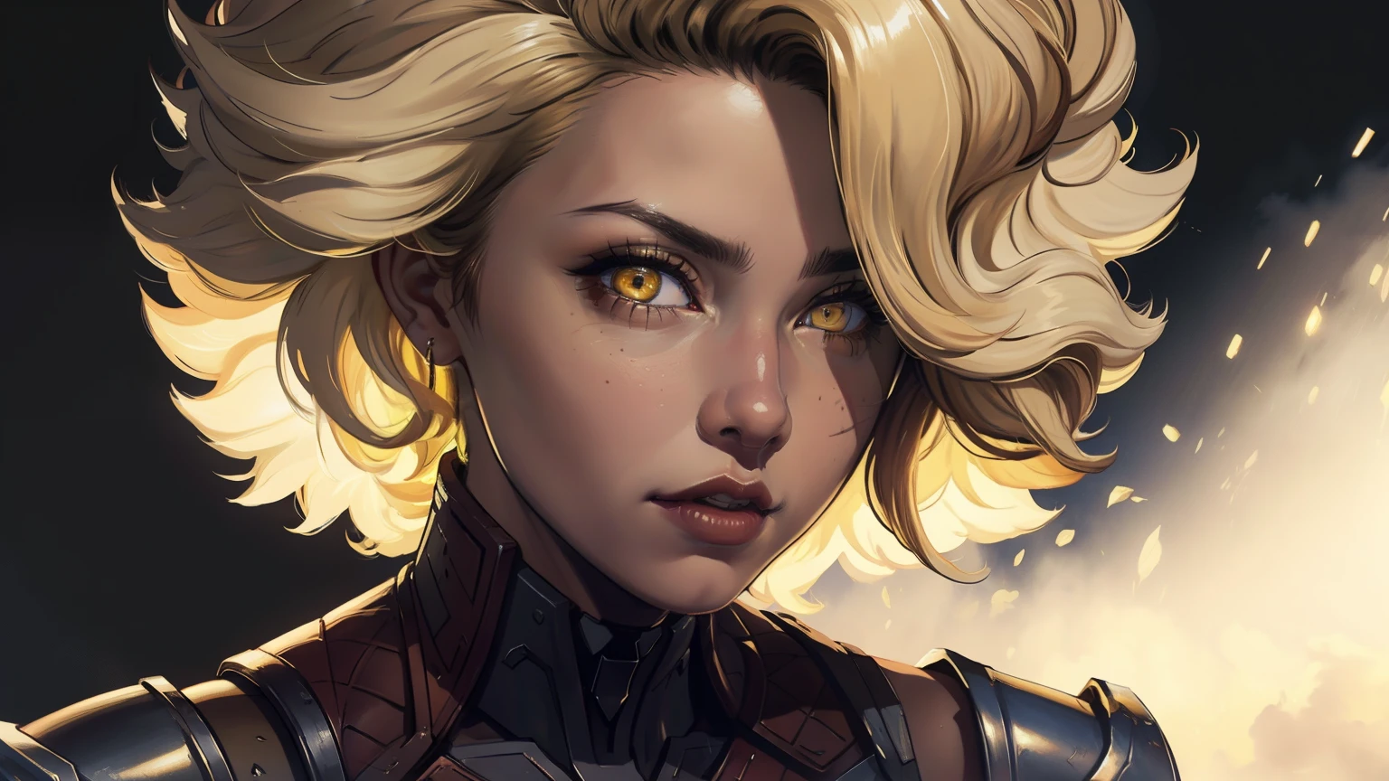 ((best quality)), ((masterpiece)), (detailed), rell \(league of legends\), yellow hair highly detailed face, (perfect face:1.3), brown-yellow eyes, light-brown skin, female, looking up in the sky wearing metal armor (masterpiece)), ((realistic)), (hyperrealism:1.2), (fractal art:1.2), vibrant colors, high contrast, (8K UHD:1.2), (photorealistic:1.2). extreme detailed eyes, colorful, highest detailed, short hair, yellow hair, yellow brown background, sandstorm, looking at her from the side 