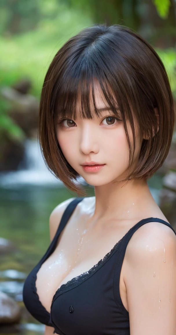One Girl, (Beautiful girl, Delicate girl:1.3), (:1.3),
break, ( Wet shirt:1.2),
break, (Small waterfall background:1.2),
break, Very beautiful eyes, (Symmetrical eyes:1.3),
break, (Big Breasts:1.1), Brown eyes, Parted bangs, Brown bob cut hair, Round face, cute,
break, (Eye and facial details:1.0),
break, (masterpiece, Highest quality, Super detailed, Detailed face, 8k)