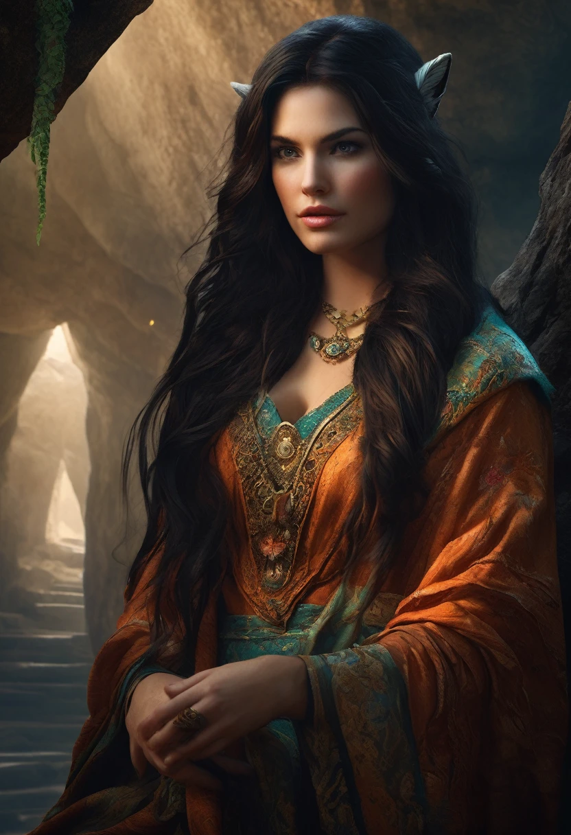 (Beautiful druid girl:1.3, long and wavy black hair, Caucasian skin) Hugging the Wolf  (Extremely detailed CG 8k unity wallpaper,work of art, best qualityer, ultra detali, beautiful and detailed eyes:1.2),better lighting, (best shade, extremely delicate and beautiful, blossom), work of art, best qualityer:1.1, realisitic:1.3, cinematic lighting:1.2, In a dark cave:1.5, ultra fotorrealisitic, fotorrealisitic:1.0, sharp focus:1.1, Depth of field:1.1, 50mm, Nathan Wirth&#39;s style, Hasselblad X1D II, Holds 160 pointed ears, Leprechaun