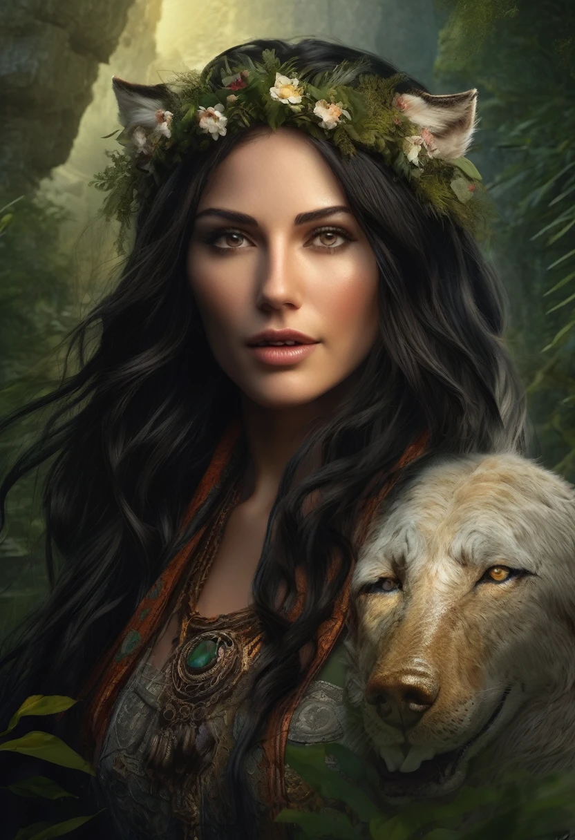 (Beautiful druid girl:1.3, long and wavy black hair, Caucasian skin) Hugging the Wolf  (Extremely detailed CG 8k unity wallpaper,work of art, best qualityer, ultra detali, beautiful and detailed eyes:1.2),better lighting, (best shade, extremely delicate and beautiful, blossom), work of art, best qualityer:1.1, realisitic:1.3, cinematic lighting:1.2, In a dark cave:1.5, ultra fotorrealisitic, fotorrealisitic:1.0, sharp focus:1.1, Depth of field:1.1, 50mm, Nathan Wirth&#39;s style, Hasselblad X1D II, Holds 160 pointed ears, Leprechaun