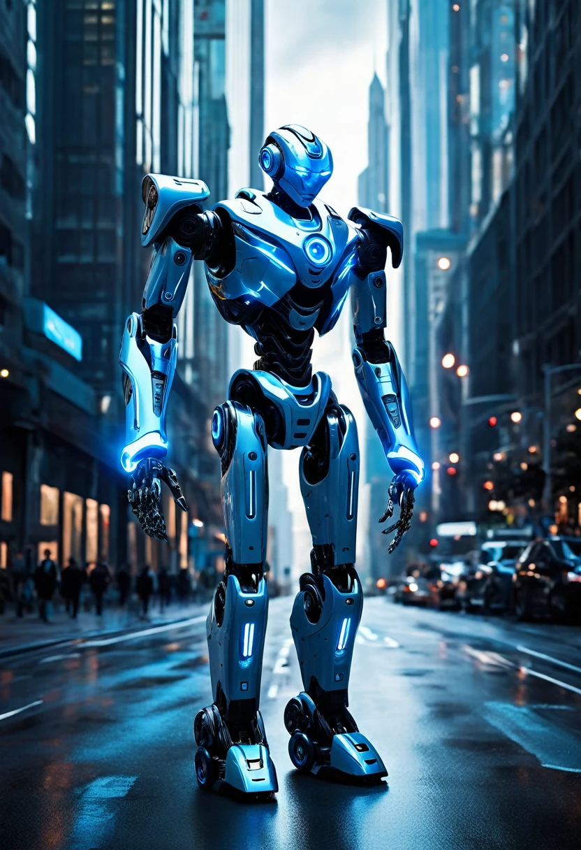 A humanoid robot of sophisticated design patrols the streets of a futuristic city. Its eyes and hands glow blue, symbolizing both its advanced technology and its mission to protect.