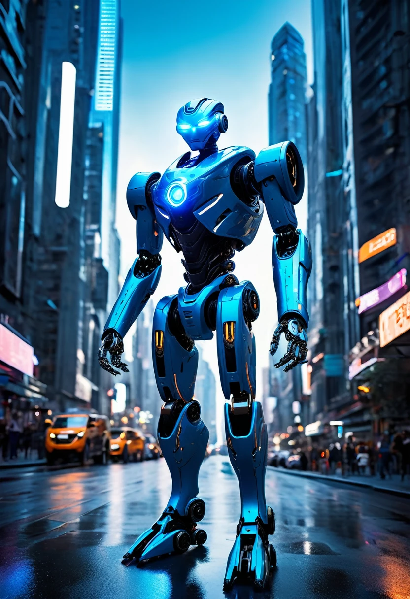 A humanoid robot of sophisticated design patrols the streets of a futuristic city. Its eyes and hands glow blue, symbolizing both its advanced technology and its mission to protect.