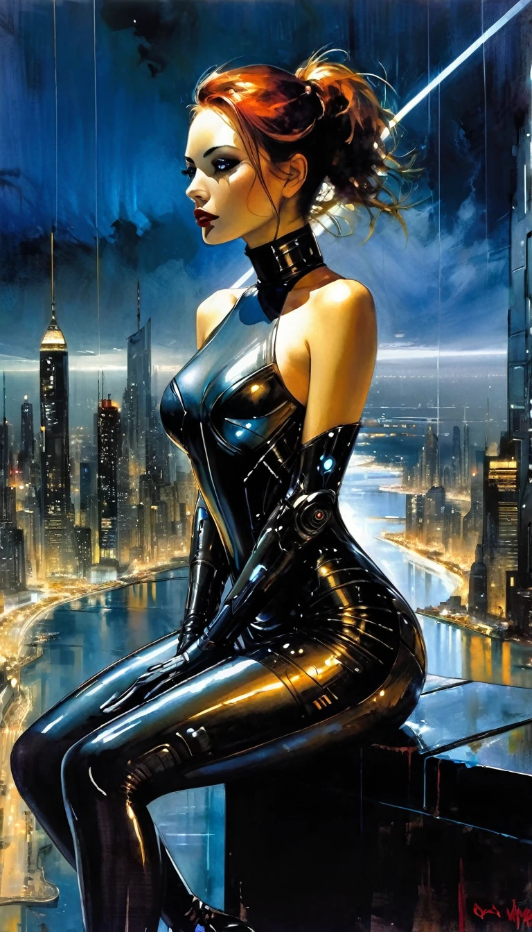 very sexy cyborg woman, very tight futuristic dress, sitting erotically, robotic arms, robotic legs, on a terrace overlooking a futuristic city with sea, futuristic city:1.5,, eroticism, sexy, black and white image, between shadows, oil painting, chiaroscuro, sensual, dramatic lighting, moody atmosphere, photorealistic, intricate details, masterpiece, ultra-detailed, high quality, 8k, best quality, realistic, cinematic, dark and brooding, expressionistic, powerful composition, emotional impact, Bill Sienkiewicz inspired art