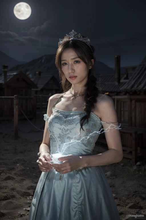 night, ((1 girl)), Solitary, masterpiece, 8k wallpaper, high resolution, absurd, High quality background, short hair, Black Hair, Beautiful frozen village, (round bright moon), Blue Dress, Detailed dress, Jewelry Dress, (magic:1.2), blue fire, blue eyes, Glowing eyes, fire, Goddess of Ice, (Blue detailed beautiful crown), electricity, blue electricity, Blue light particles